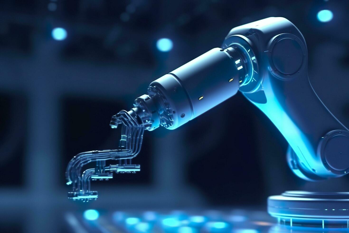Arm robot working with Screen monitor control industrial machine robot arm line. Generative AI photo
