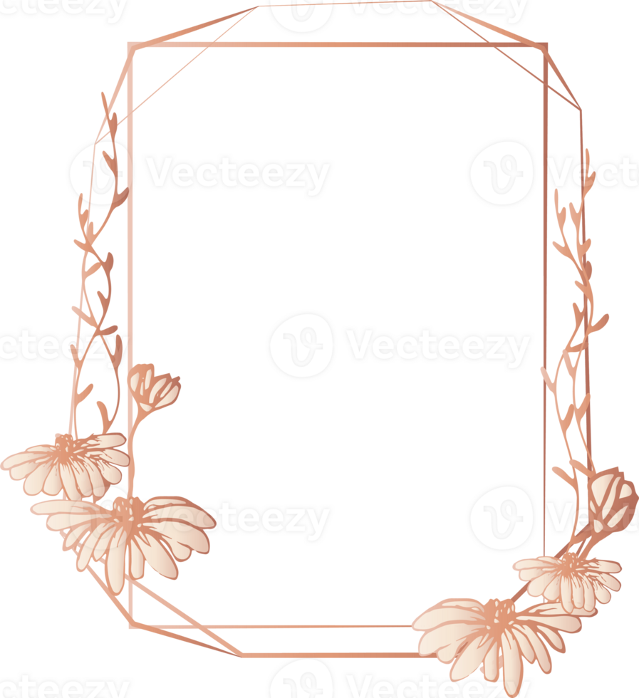 Pink gold geometric frame floral illustration, Transparent background png