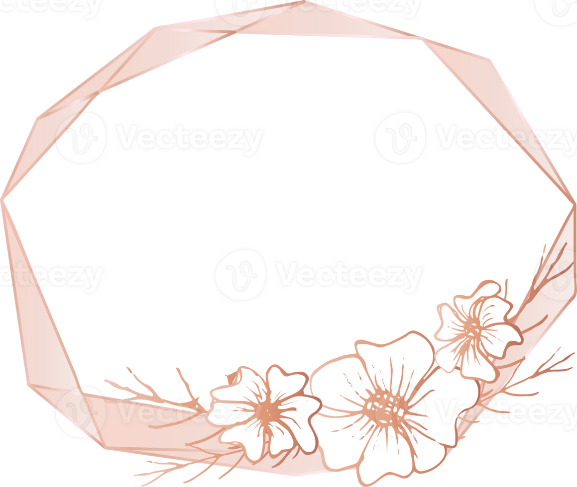 Pink gold geometric frame floral illustration, Transparent background png