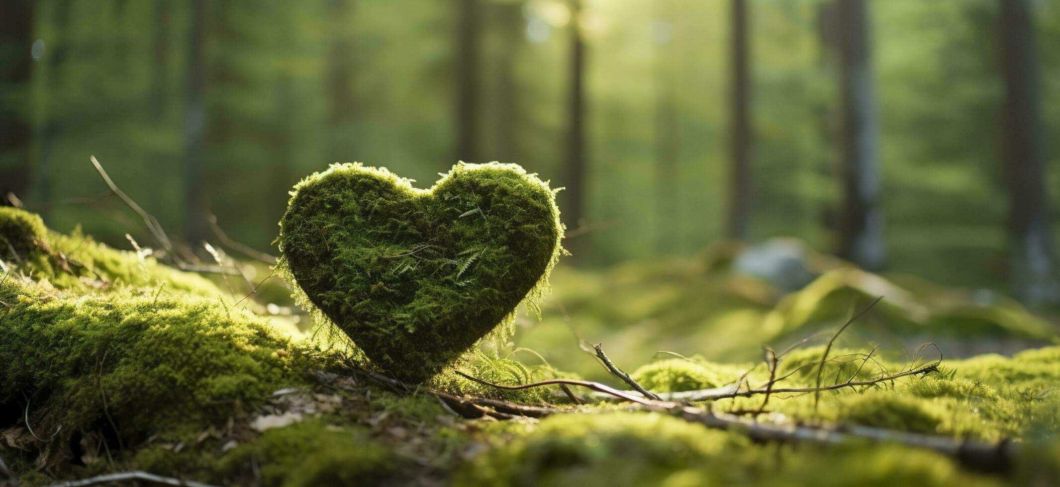 Closeup of wooden heart on moss. Natural burial grave in the woods. Generative AI photo