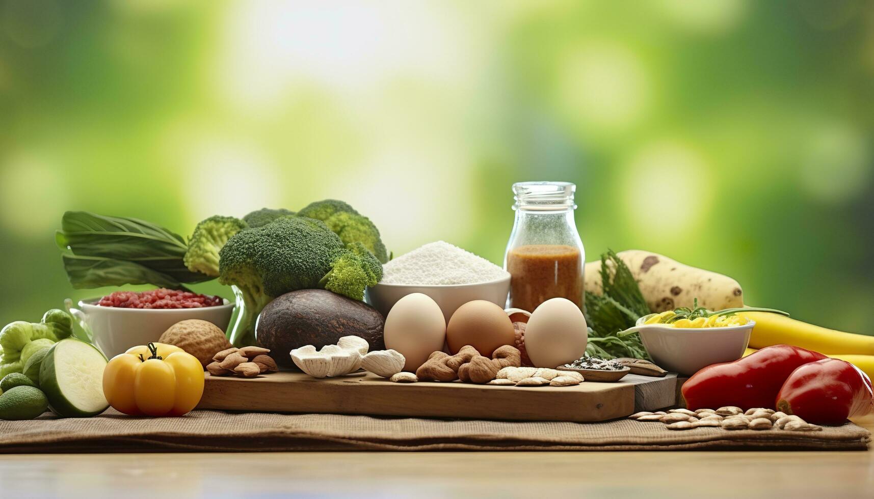Closeup of vegetables, fruits, and meat on wooden table over green natural background. Generative AI photo