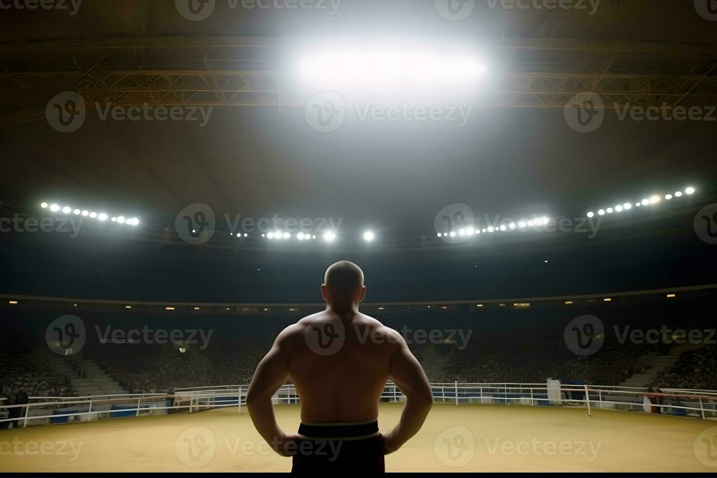 Boxer champion enjoying his victory on lights and standing back to the camera. Neural network AI generated photo