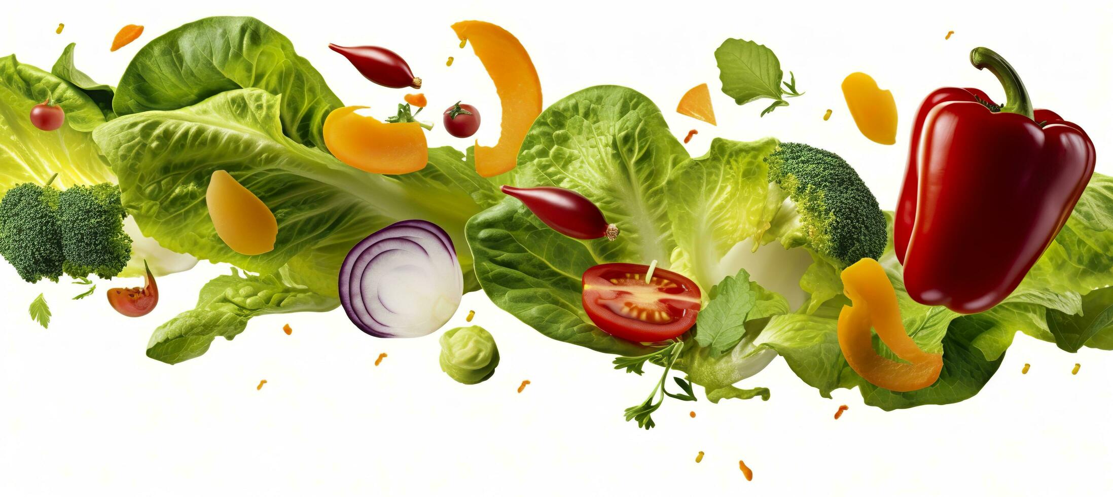 Falling vegetables, salad of bell pepper, tomato, and lettuce leaves. Generative AI photo