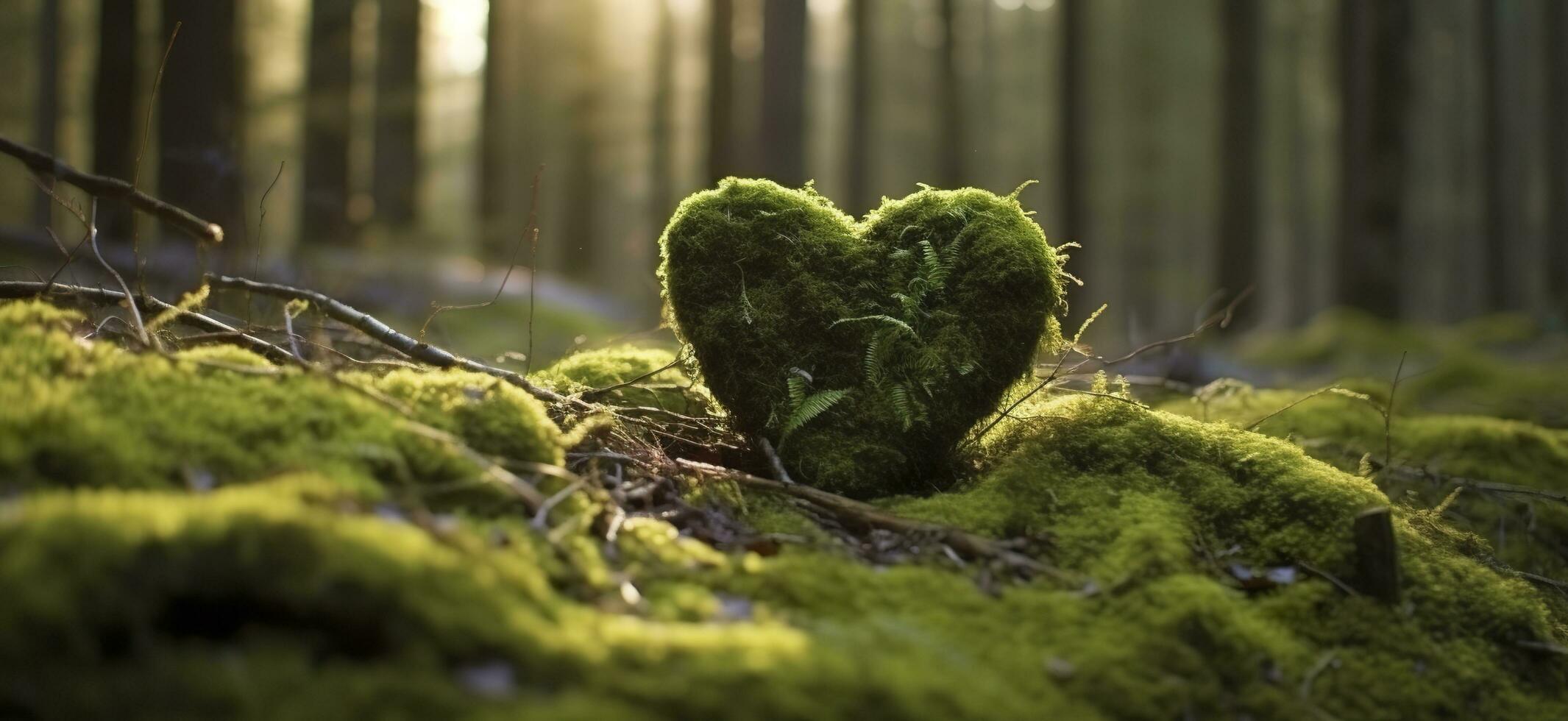 Closeup of wooden heart on moss. Natural burial grave in the woods. Generative AI photo