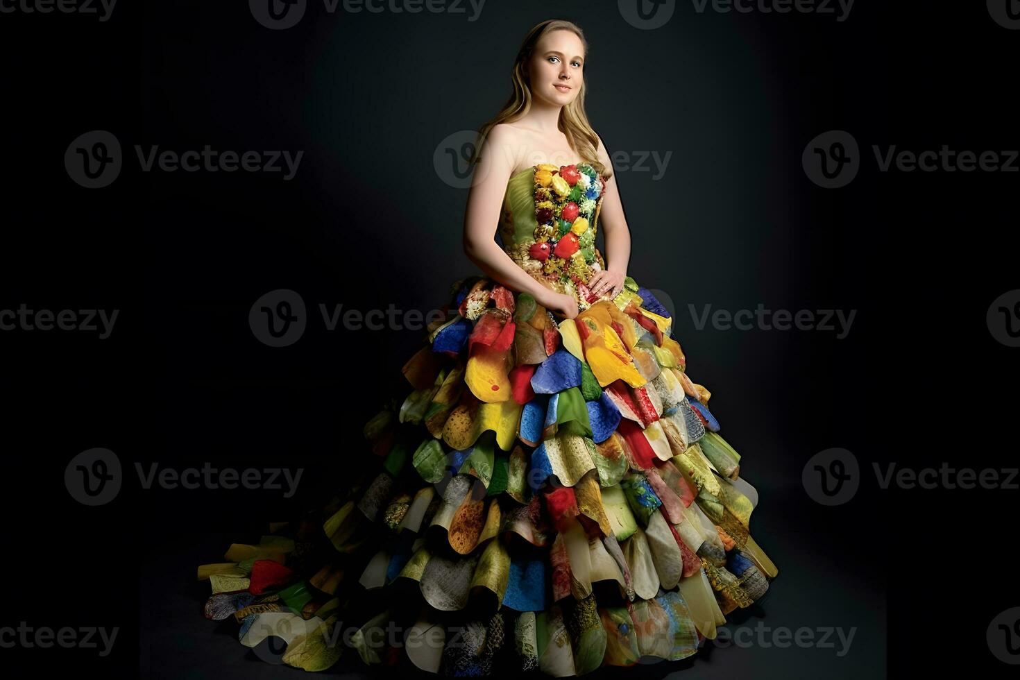 de moda mujer en Fruta estilo vestido. neural red ai generado foto