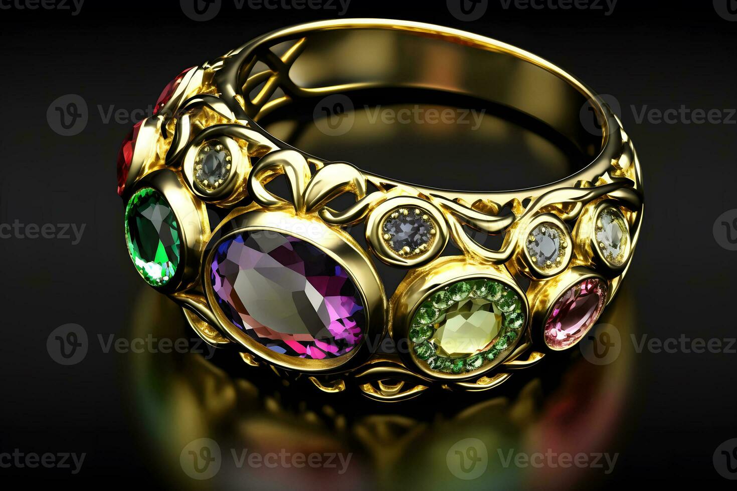 Beautiful ancient golden ring with many various big expensive gemstones and vintage ornament shape. Neural network generated art photo