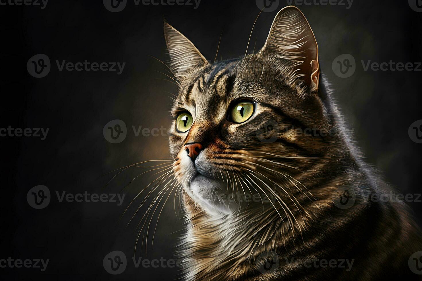 Portrait of domestic cat with tabby fur outdoors with dark background. Neural network generated art photo
