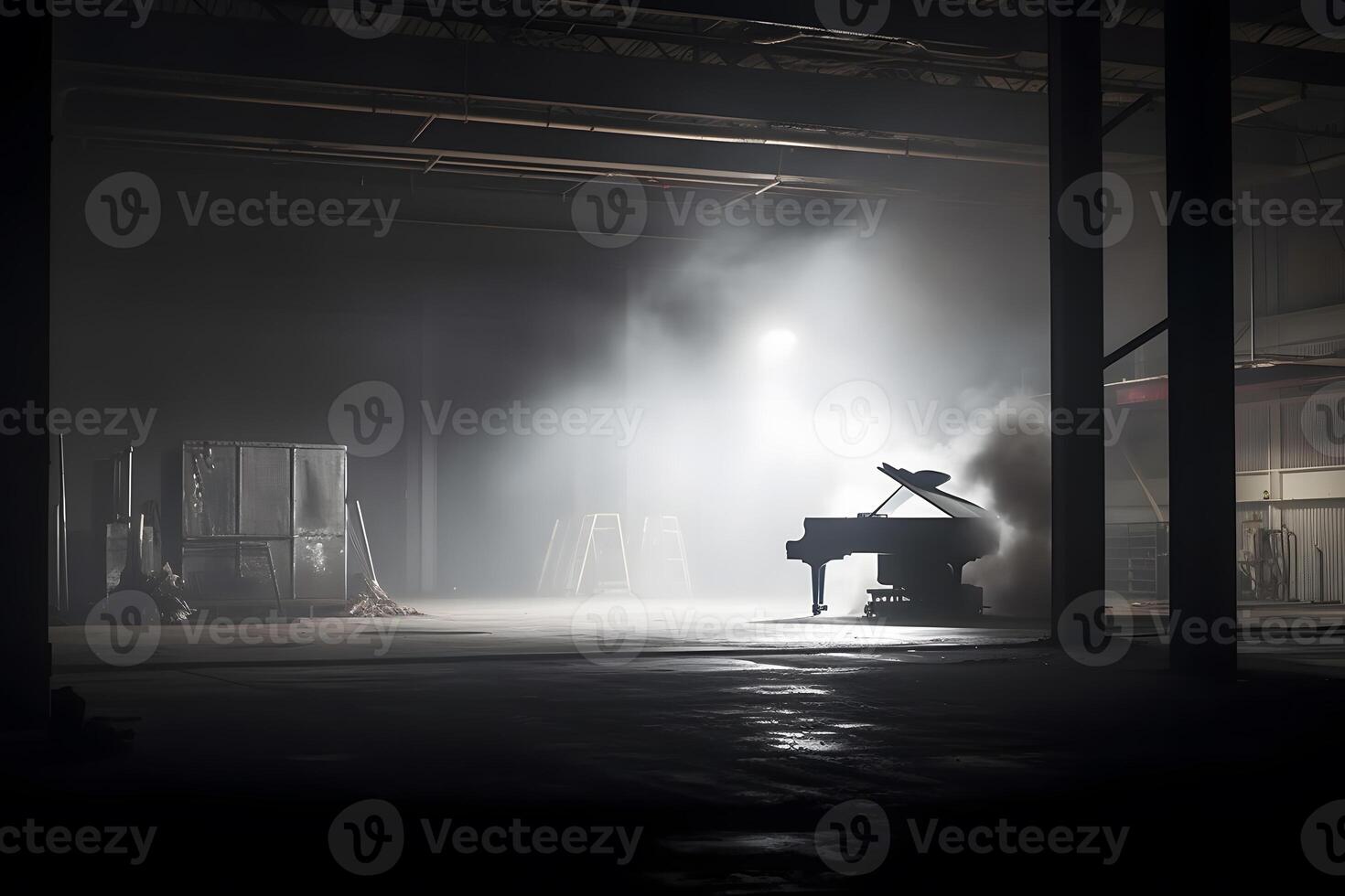 piano and smoke on stage. Neural network AI generated photo