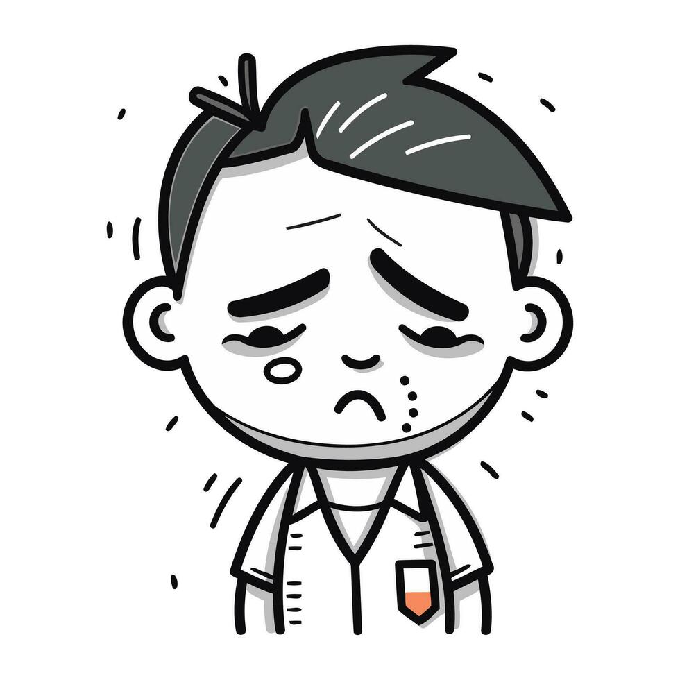 Crying Doctor   Black and White Vector Cartoon Illustration of Stressed Doctor Character