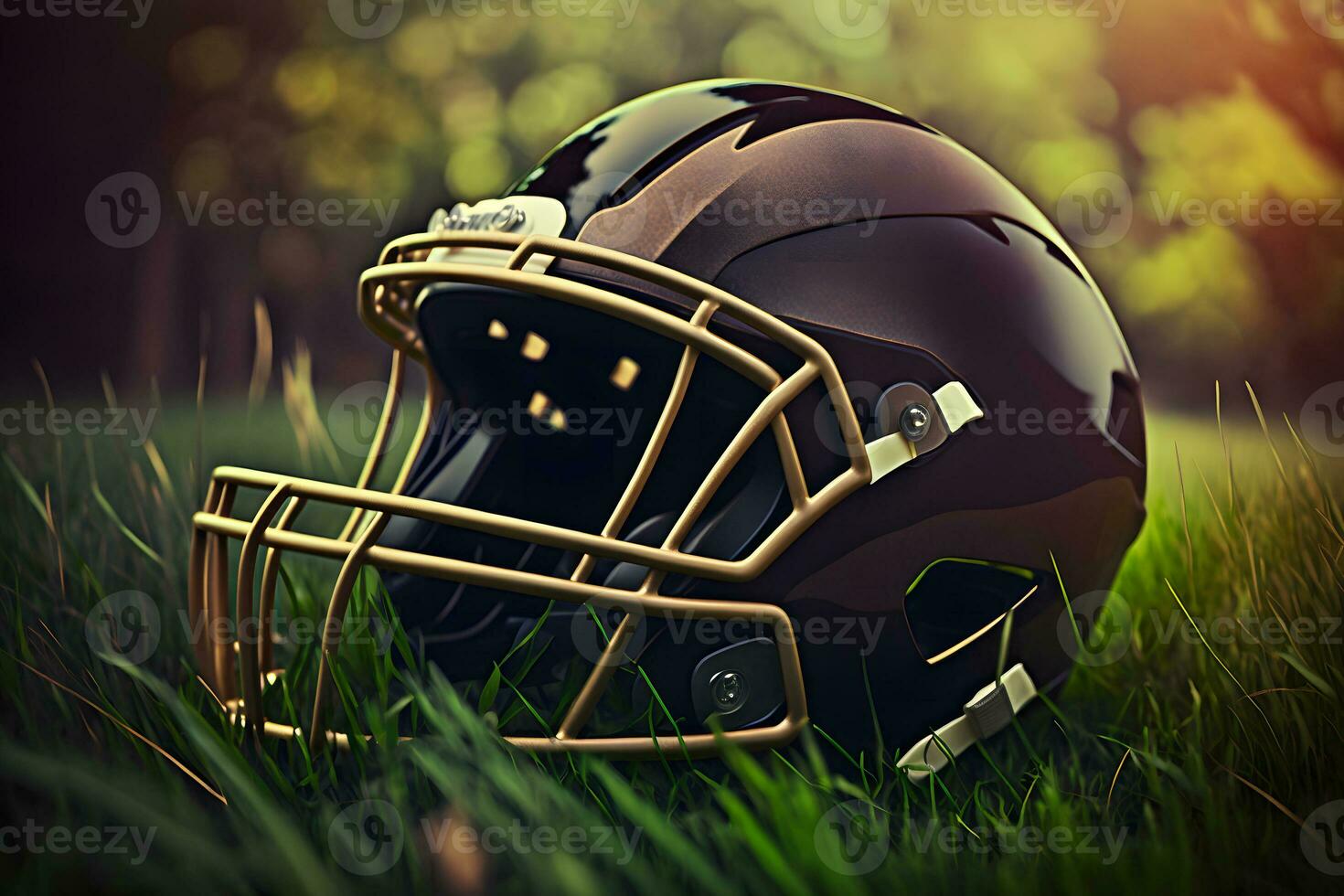 American football helmet on green grass. Neural network AI generated art photo