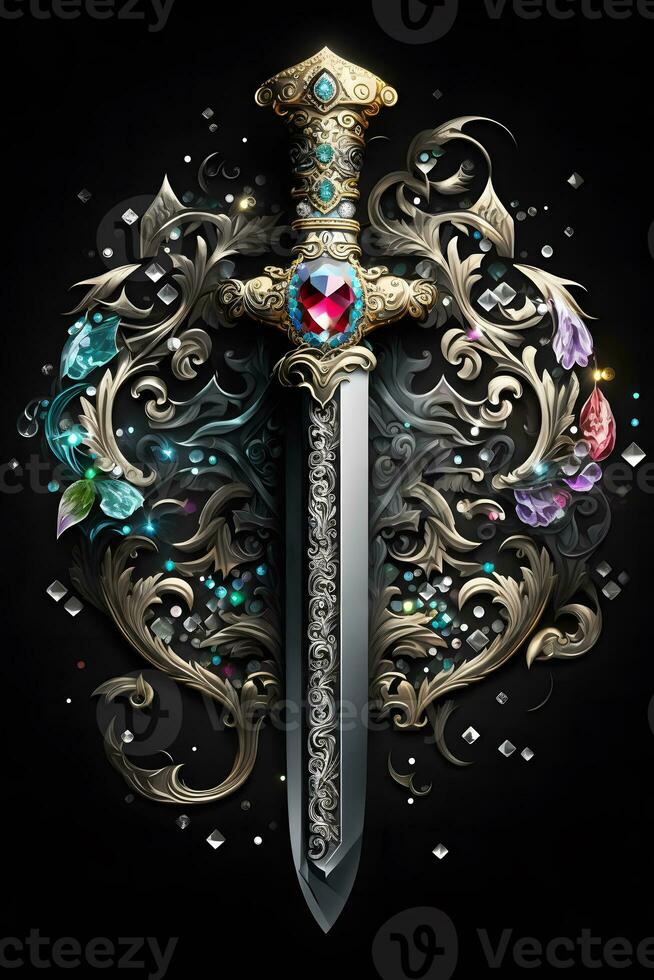 Medieval sword and scabbard. Fantasy golden sword with long blade. Neural network generated art photo