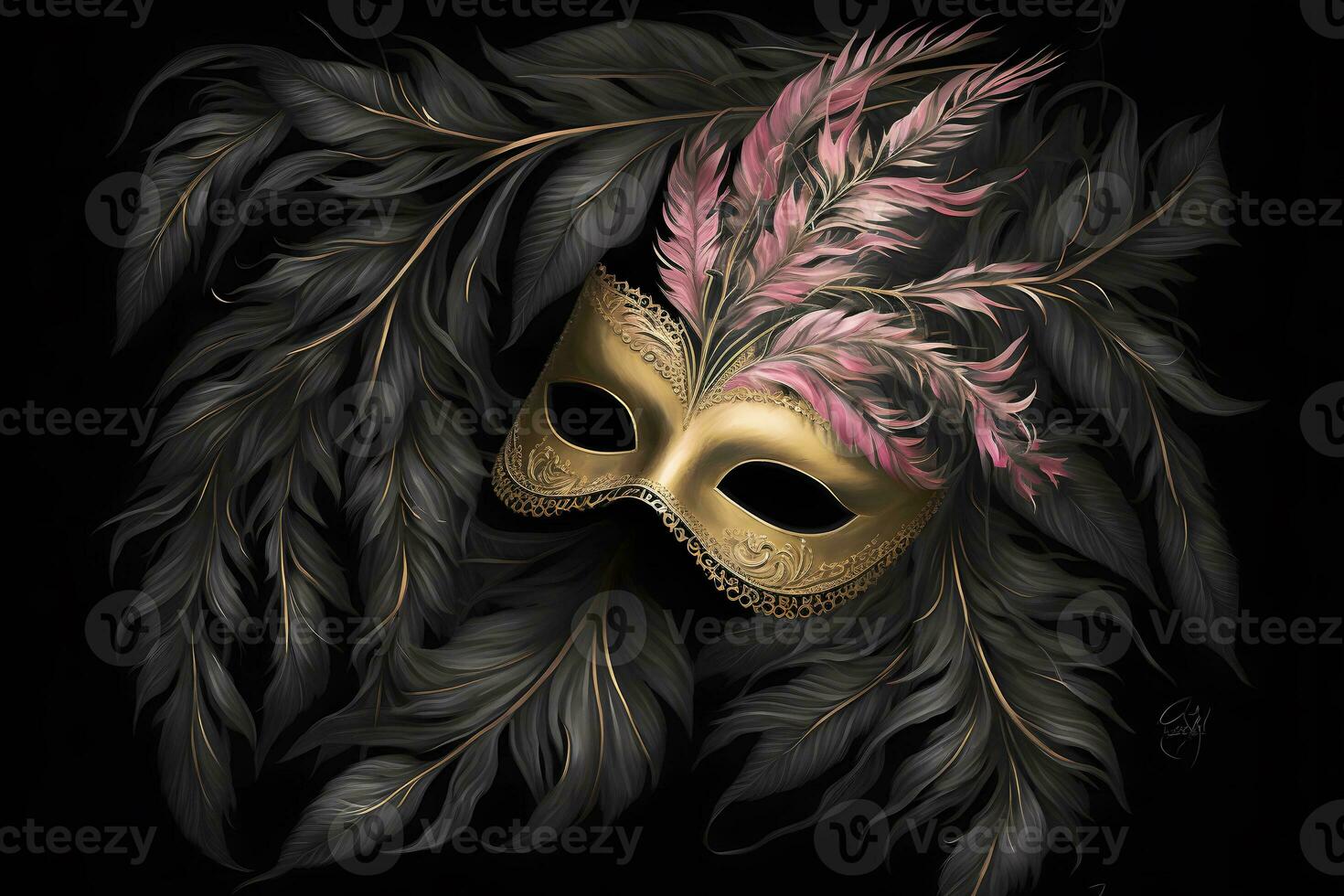 Carnival time. Venetian mask with feathers on black background, Neural network AI generated photo