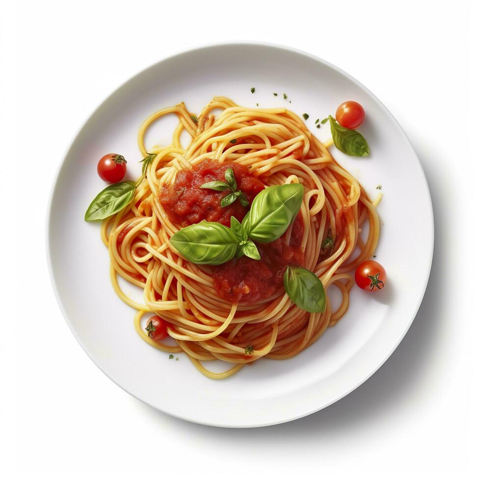 Delicious Plate of Spaghetti with Tomato Sauce on a White Background Generative AI photo