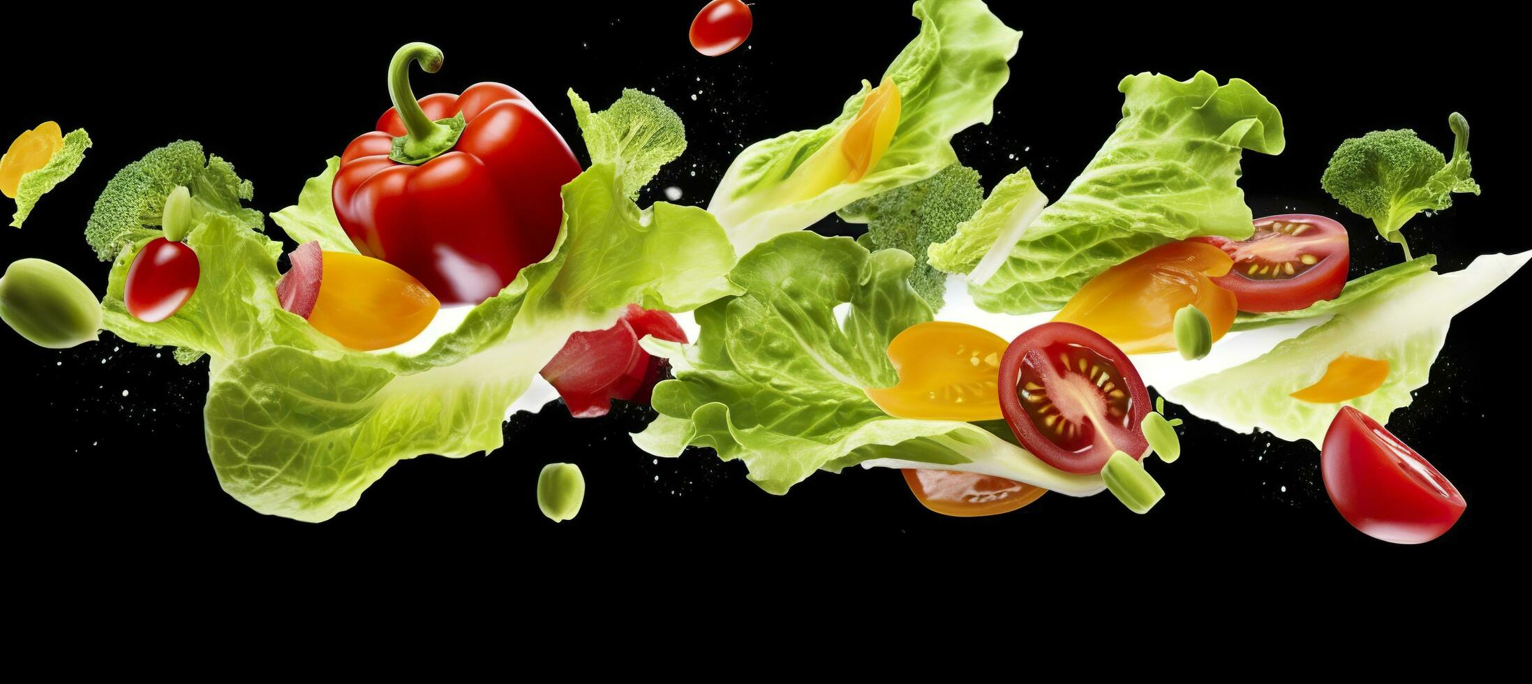 Falling vegetables, salad of bell pepper, tomato, and lettuce leaves. Generative AI photo