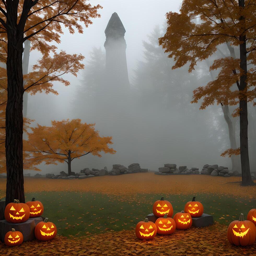 Halloween pumpkin stone outside forest ai generative photo