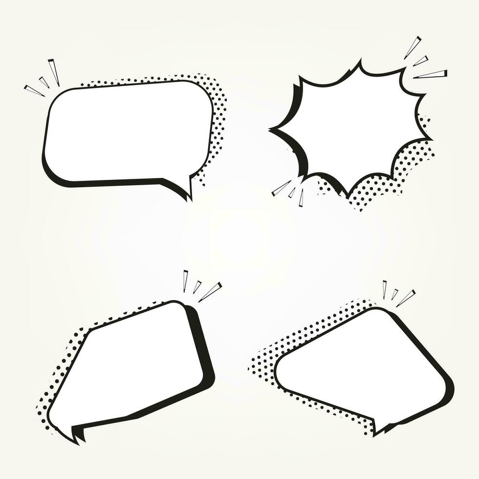 Set of four retro empty comic bubbles and elements set with black halftone shadows used in marketing promo templates vector