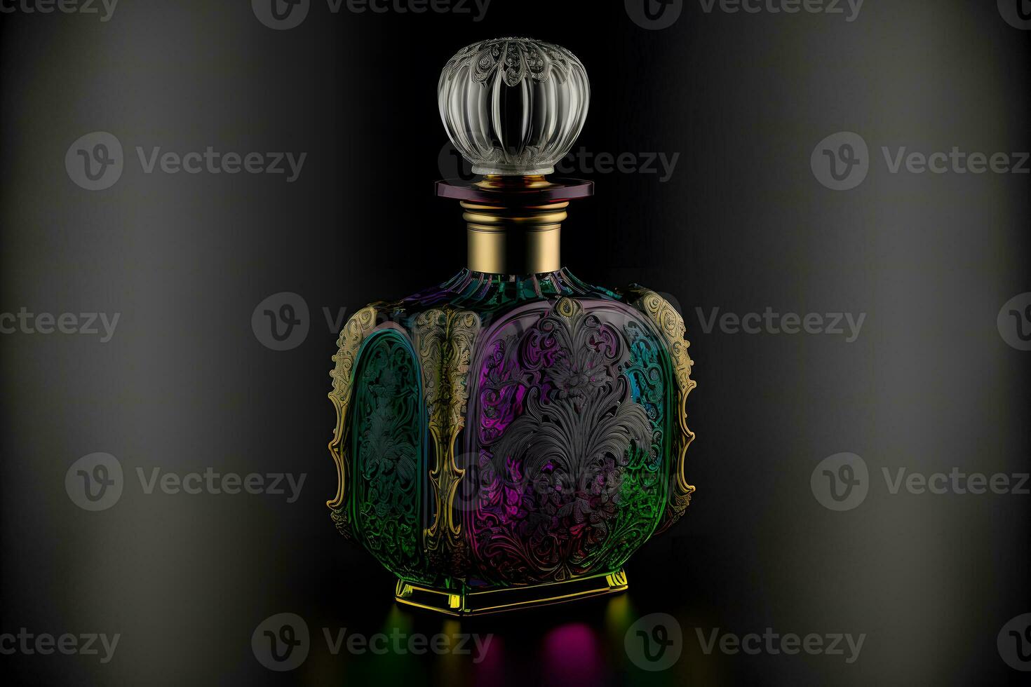 A Bottle of Perfume Women Eau De Parfum in Bottle Isolated on Black. Fragrance for Women Perfume Spray. Neural network generated art photo