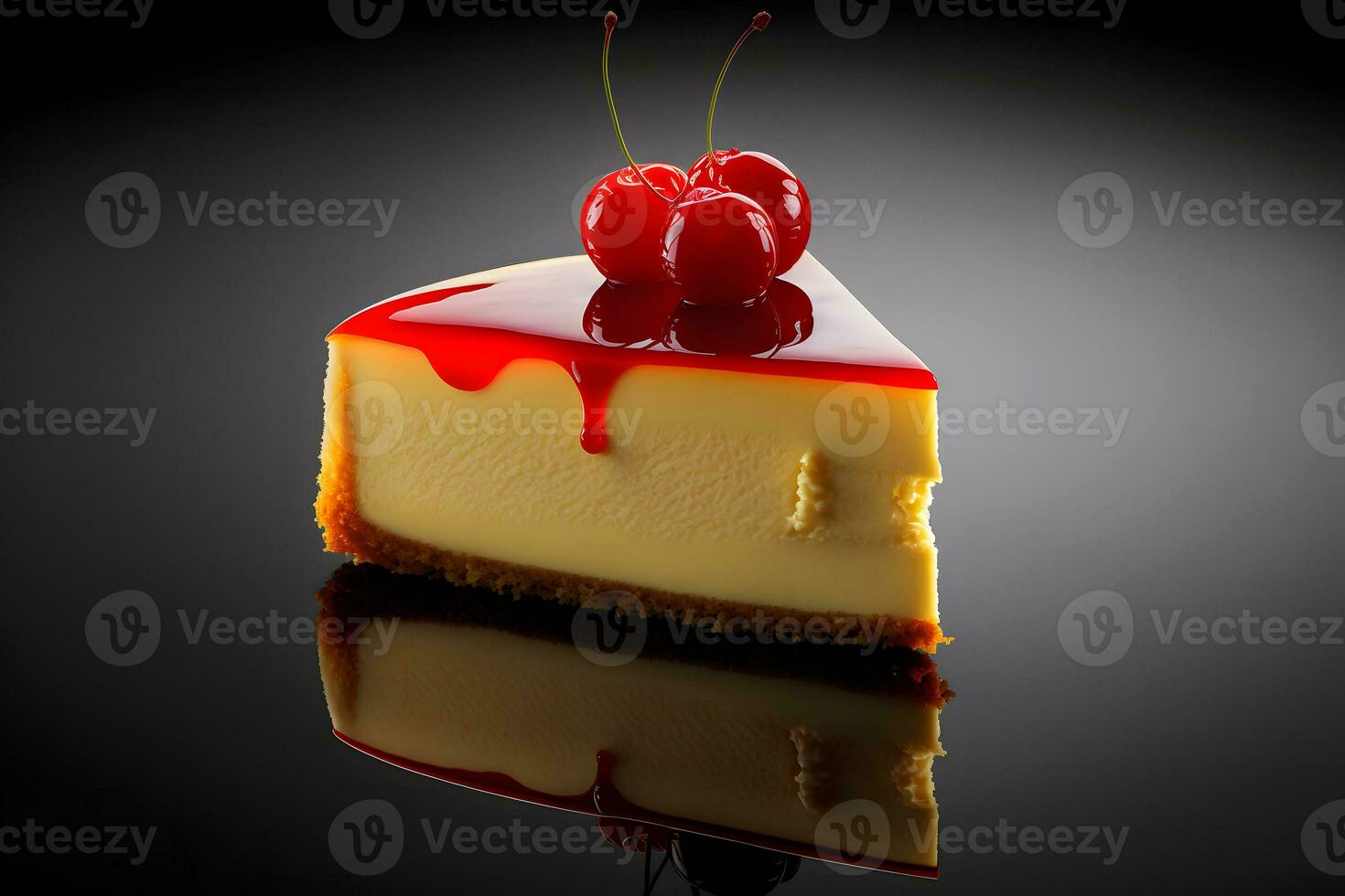 Piece of cheesecake with fresh cherry and mint. Neural network generated art photo