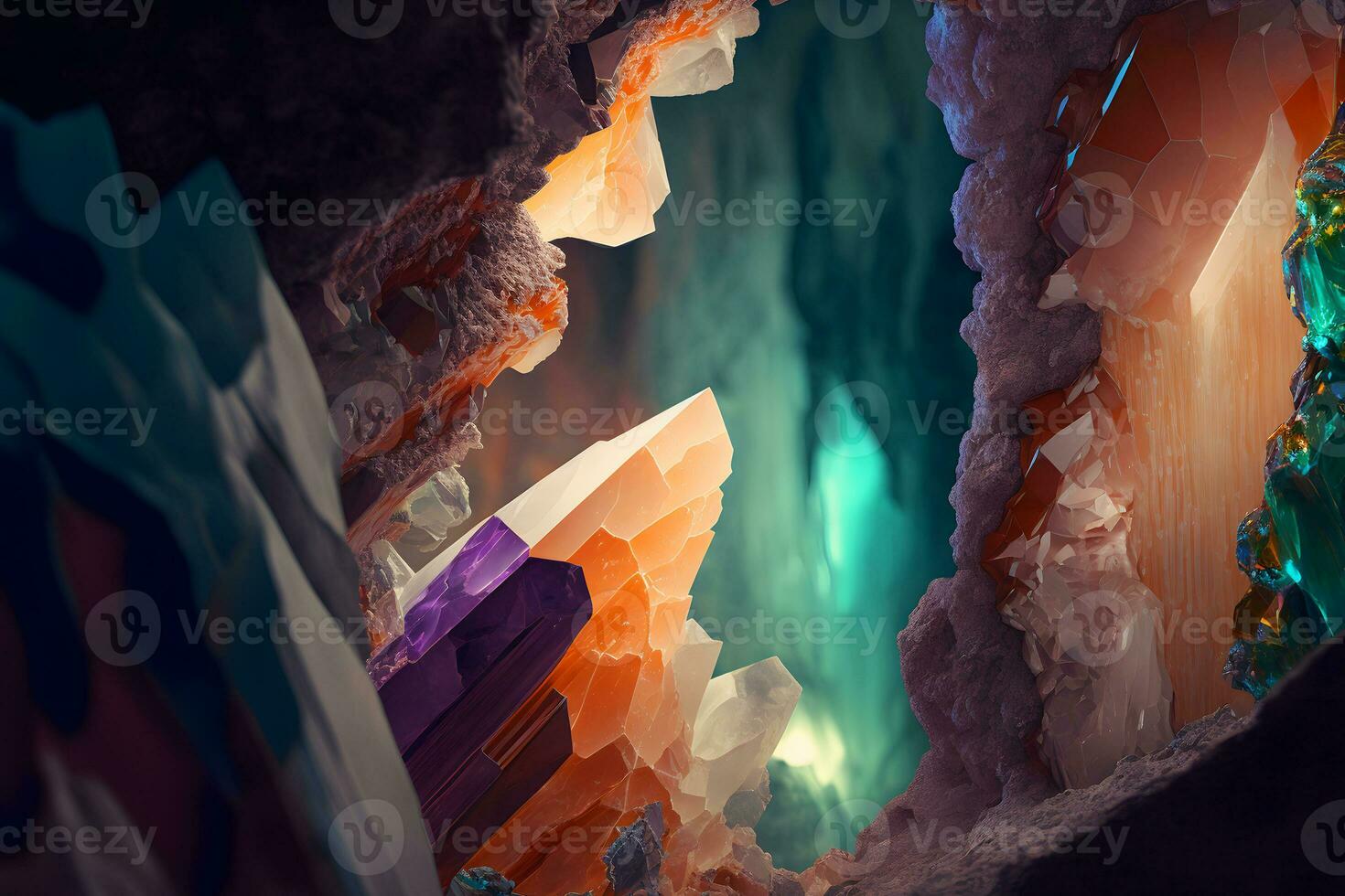 Beautiful wild crystal stalactites and stalagmites in cave. Neural network generated art photo