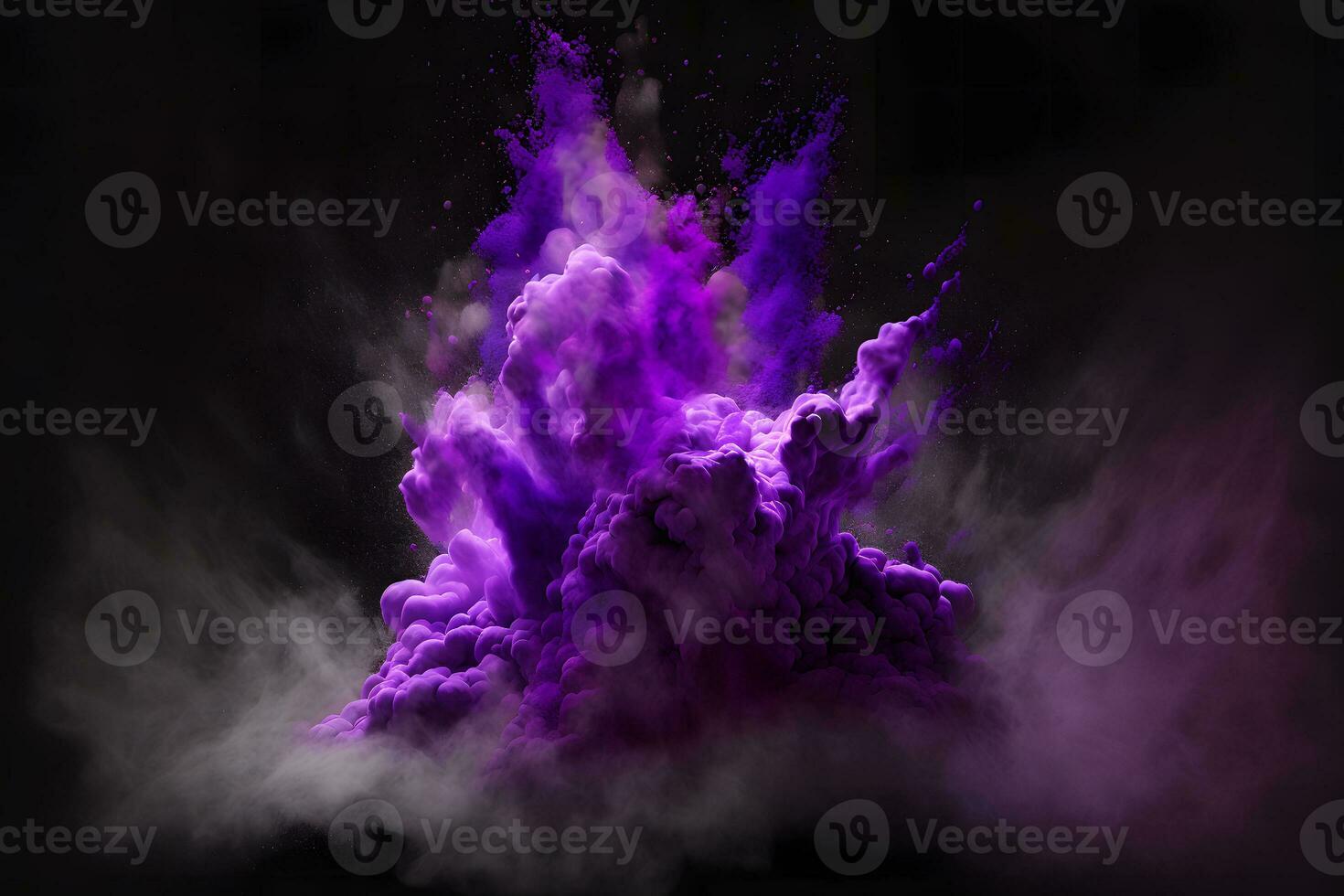 Explosion of purple and violet color paint powder on black background. Neural network generated art photo