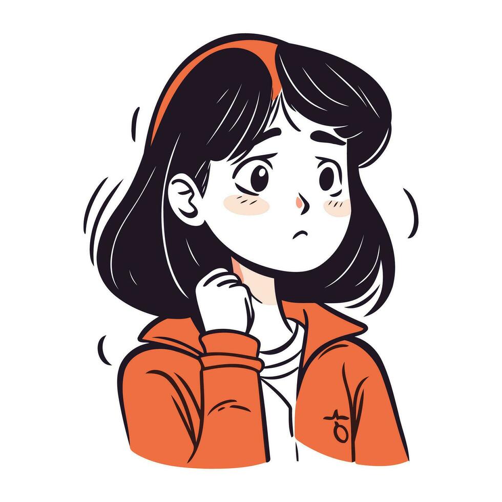 Vector illustration of a young girl in a red hoodie. Emotions.