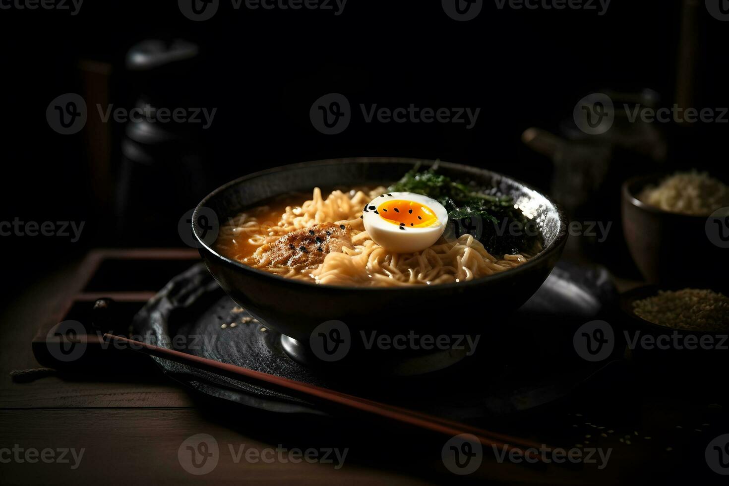 Japanese ramen soup with chicken, egg, chives and sprout on dark wooden. Neural network AI generated photo