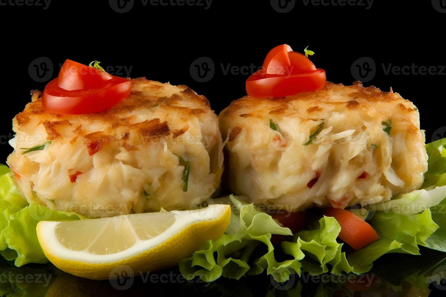 Organic Homemade Crab Cakes with Lemon and Tartar Sauce. Neural network AI generated photo