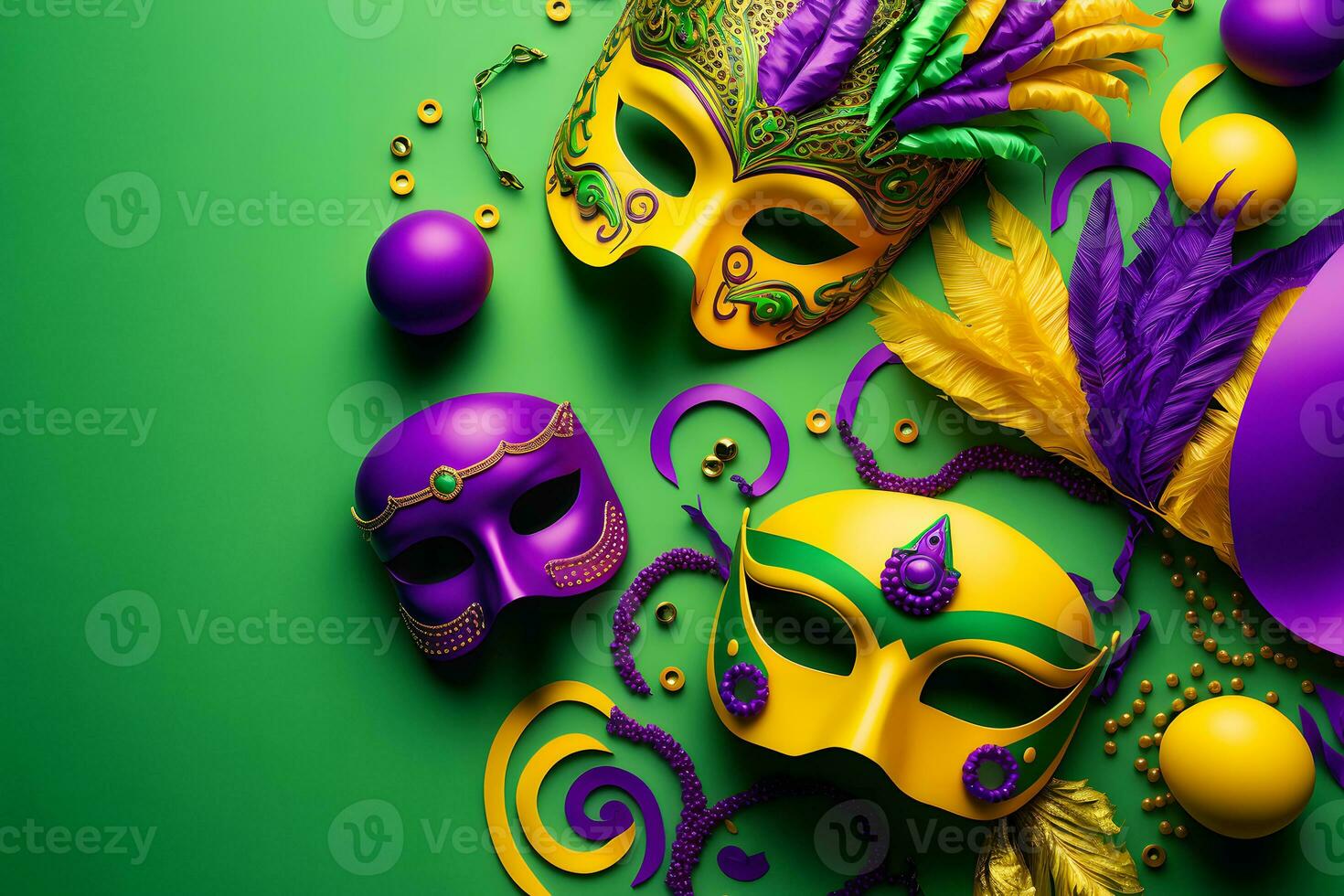 Group of venetian mardi gras mask or disguise on a colorful bright background. Neural network generated art photo