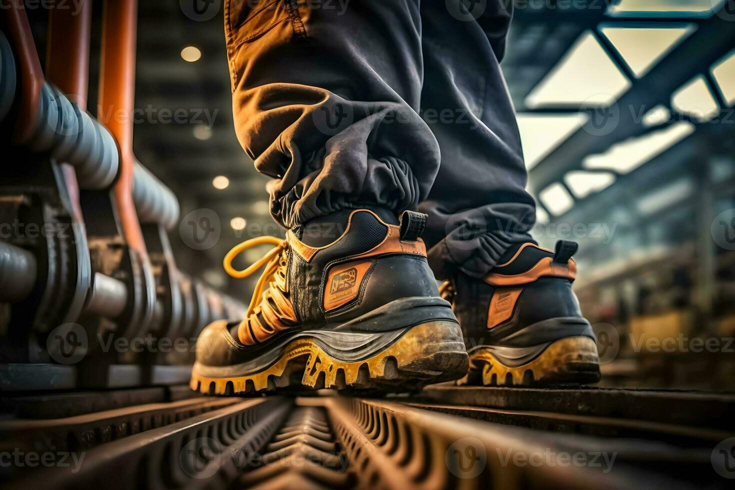 Close-up safety working shoe on a worker feet is standing at the factory. Neural network AI generated photo