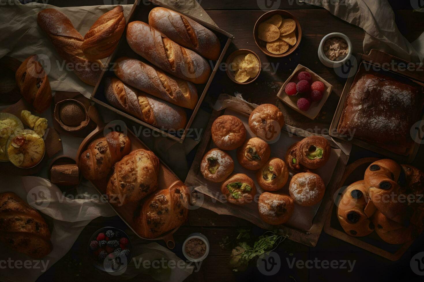 Many mixed breads and rolls shot from above. Neural network AI generated photo