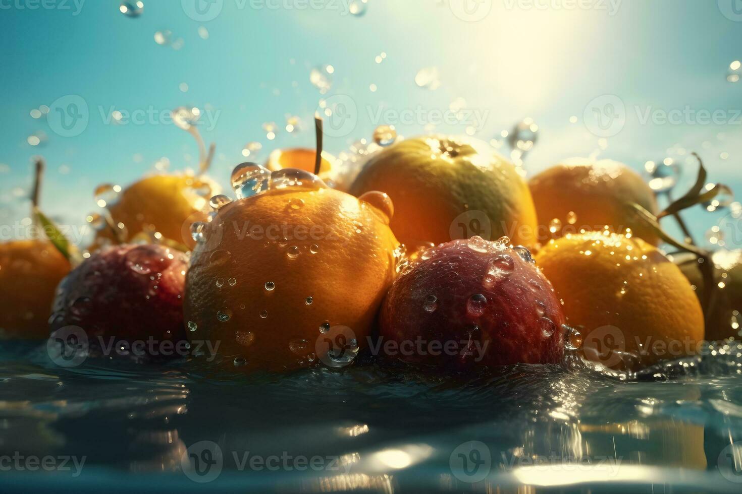 Tropical fruits fall deeply under water with a big splash. Neural network AI generated photo