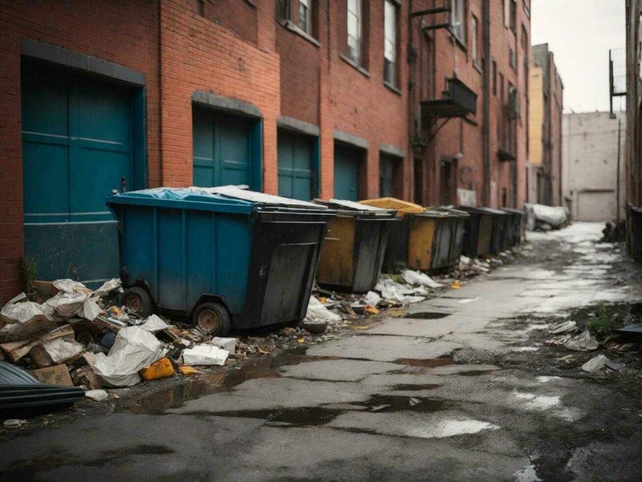 Garbage dumpsters in the city. Concept of environmental pollution. AI-Generated photo