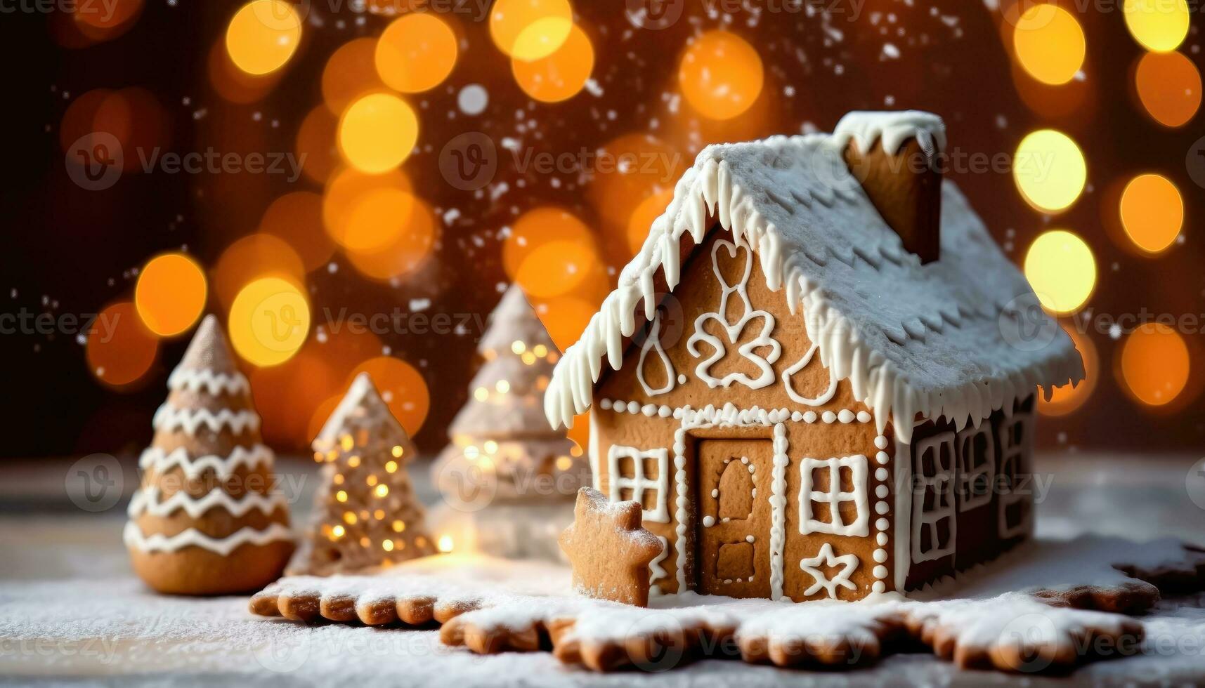 Holiday Gingerbread Home with Blurred Festive Backdrop - Generative AI photo