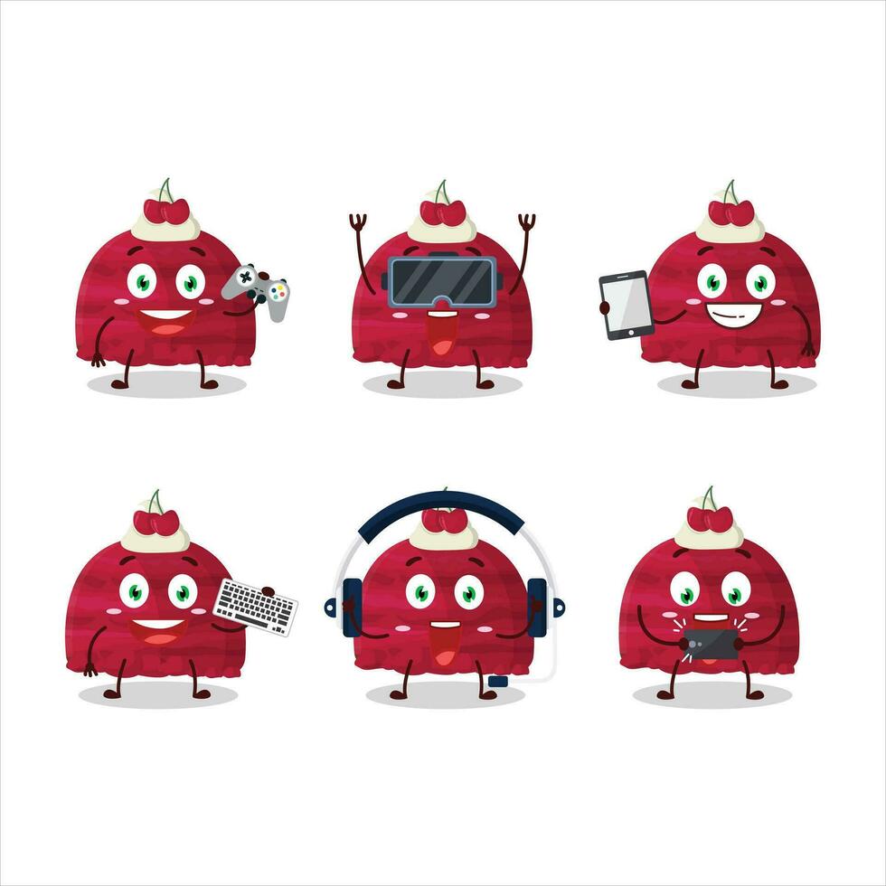 Cherry ice cream scoops cartoon character are playing games with various cute emoticons vector