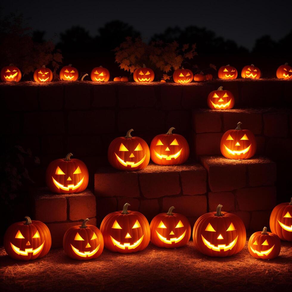 Halloween realistic Pumpkin background with spooky pumpkin jack o lantern in a dark moody forest ai generative photo