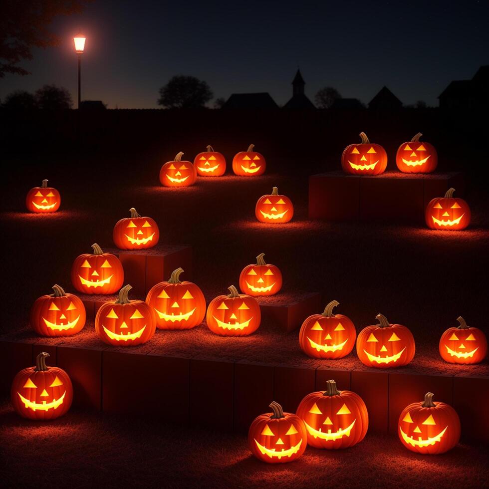 Halloween realistic Pumpkin background with spooky pumpkin jack o lantern in a dark moody forest ai generative photo