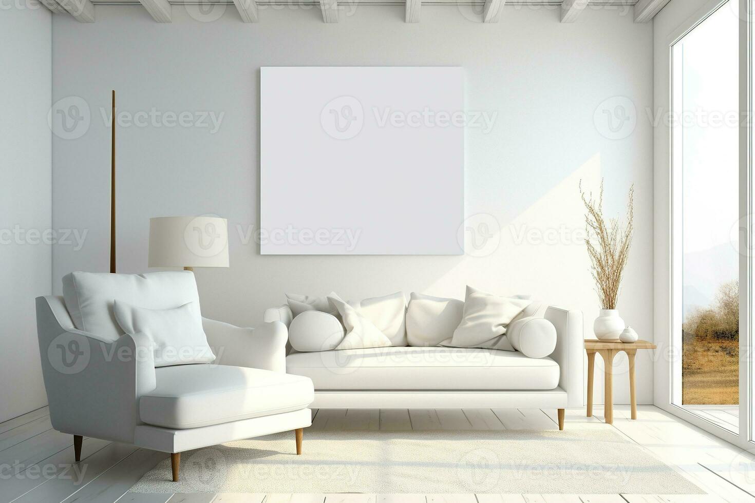 Beautiful bright living room interior with two comfortable white armchairs and a large white painting on the wall. Big windows. Generated by artificial intelligence photo