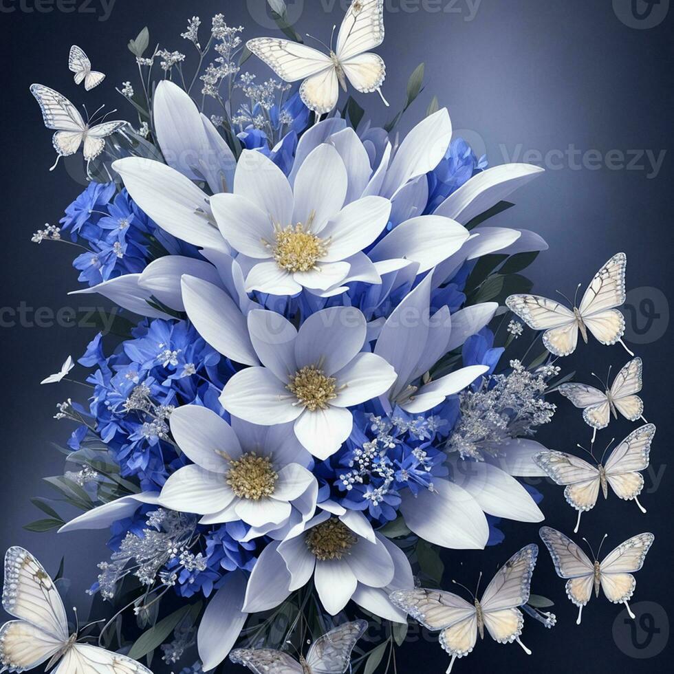 Flower realistic seamless butterfly abstract pattern. floral random background blue white ai generative photo