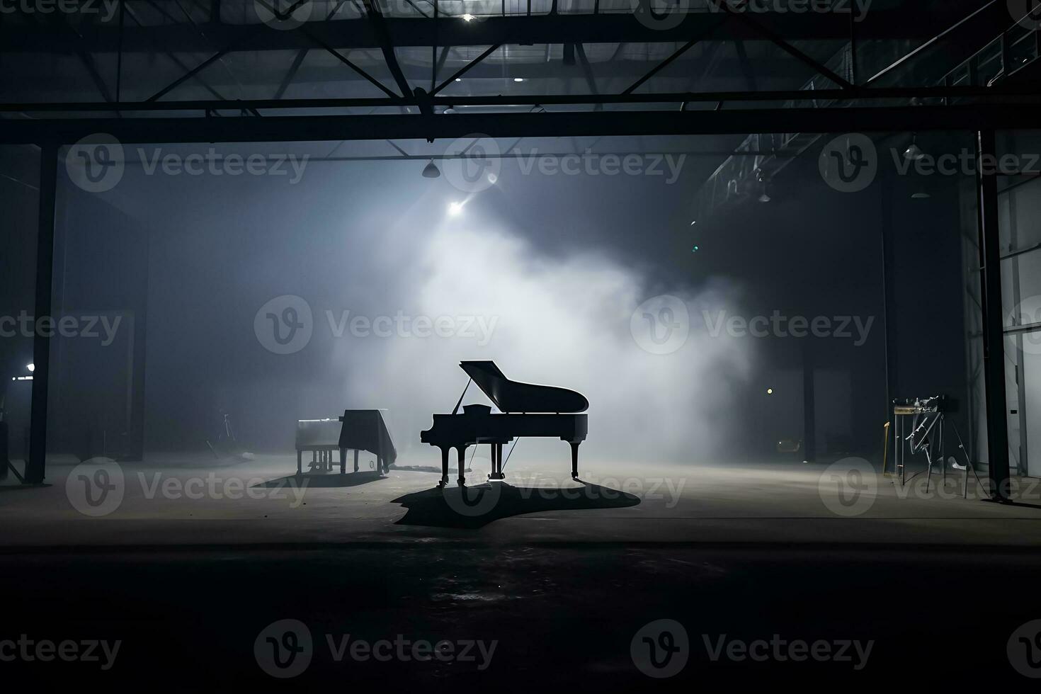 piano and smoke on stage. Neural network AI generated photo