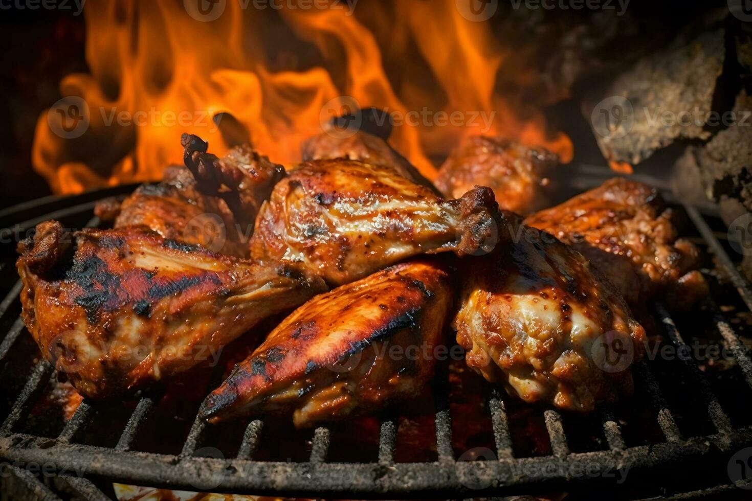 Tasty chicken legs and wings on the grill with fire flames. Neural network AI generated photo