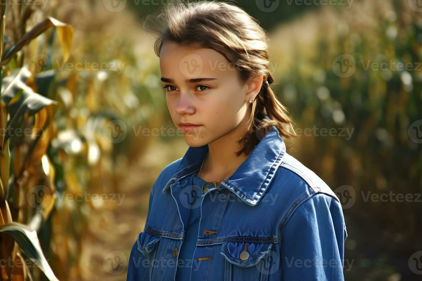 Portrait of a girl against the background of spikelets of wheat. Neural network AI generated photo