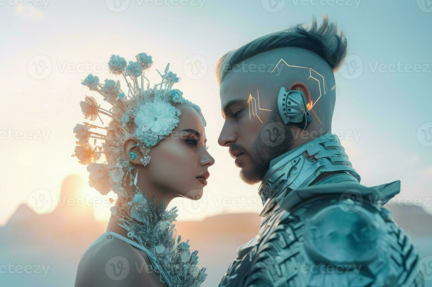 Futuristic cyber couple looking at each other. Generate ai photo