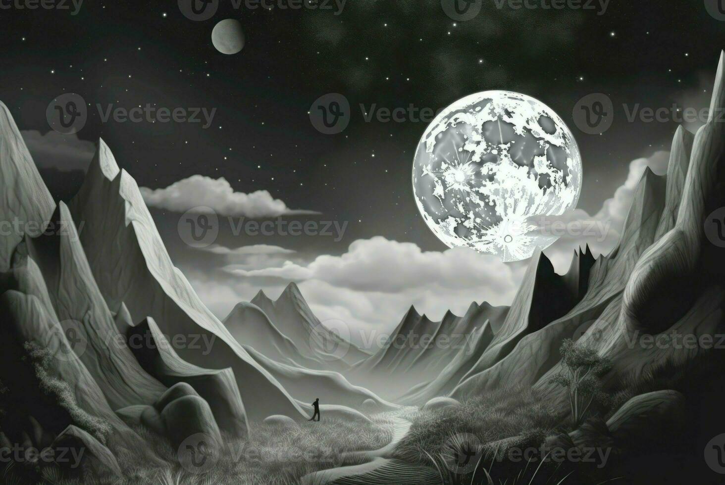 monocromo Arte de Luna en montaña sierras. generar ai foto