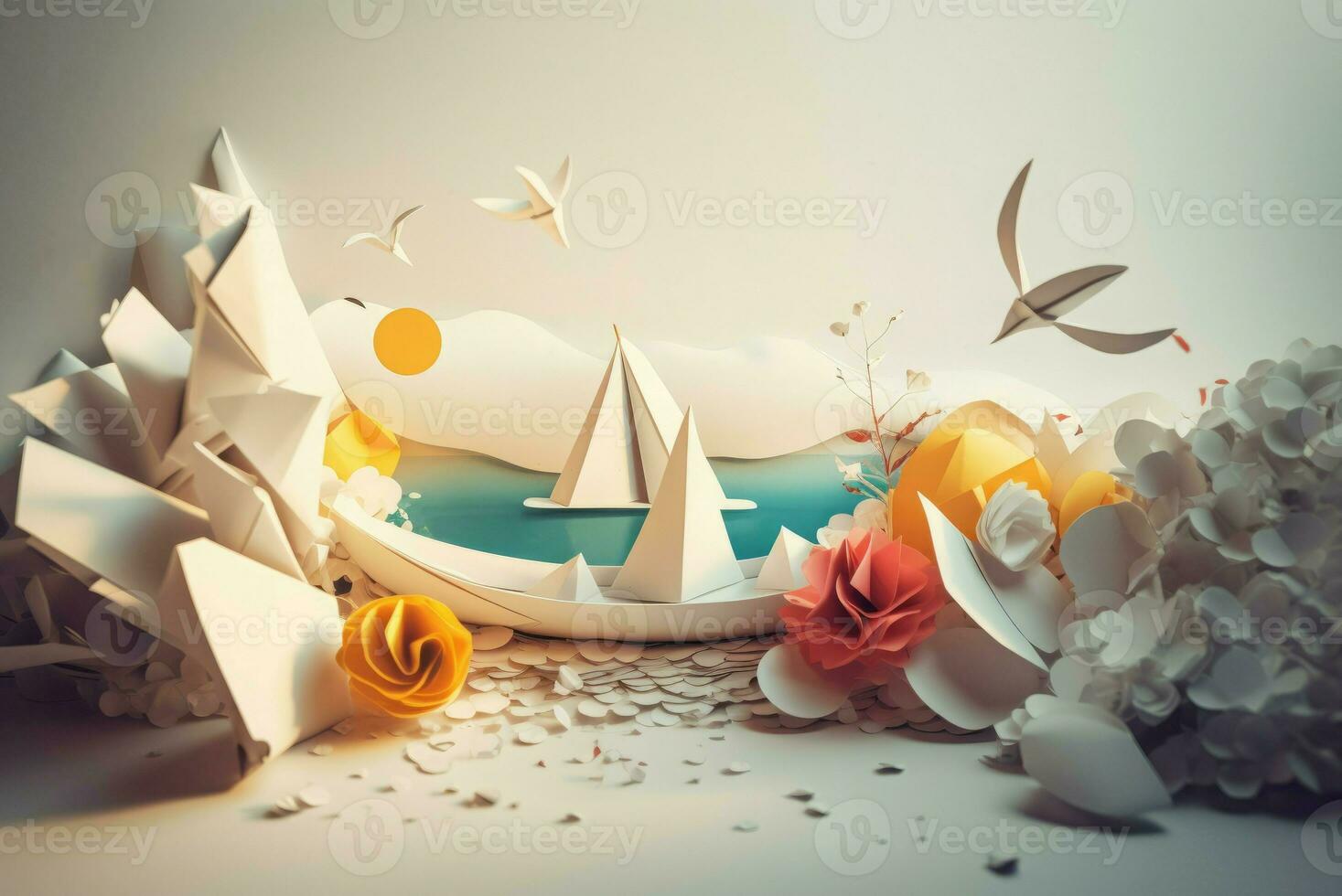 obra maestra papel arte mar con barcos generar ai foto
