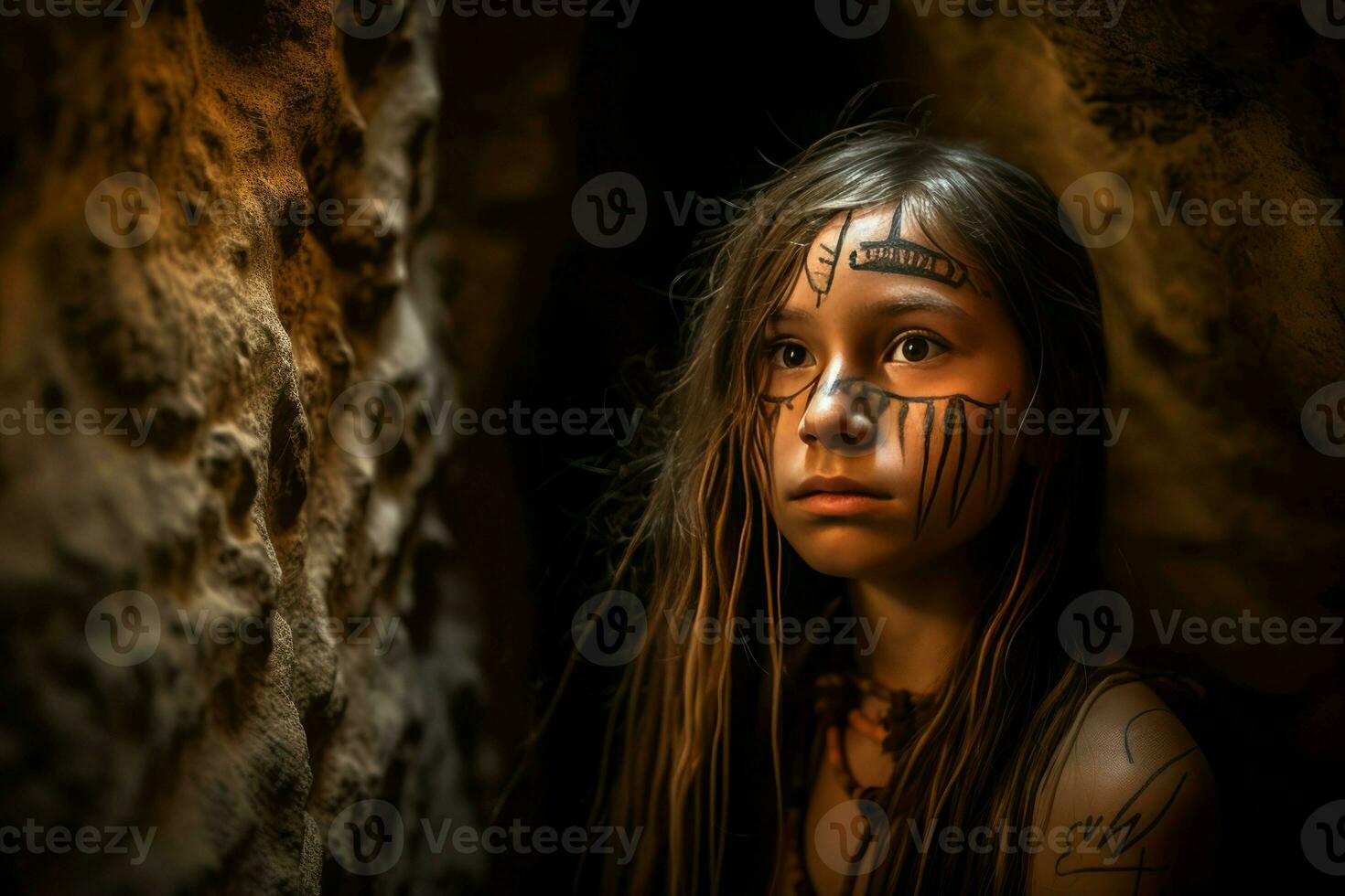 tribu niña en cueva con pintado rostro. generar ai foto