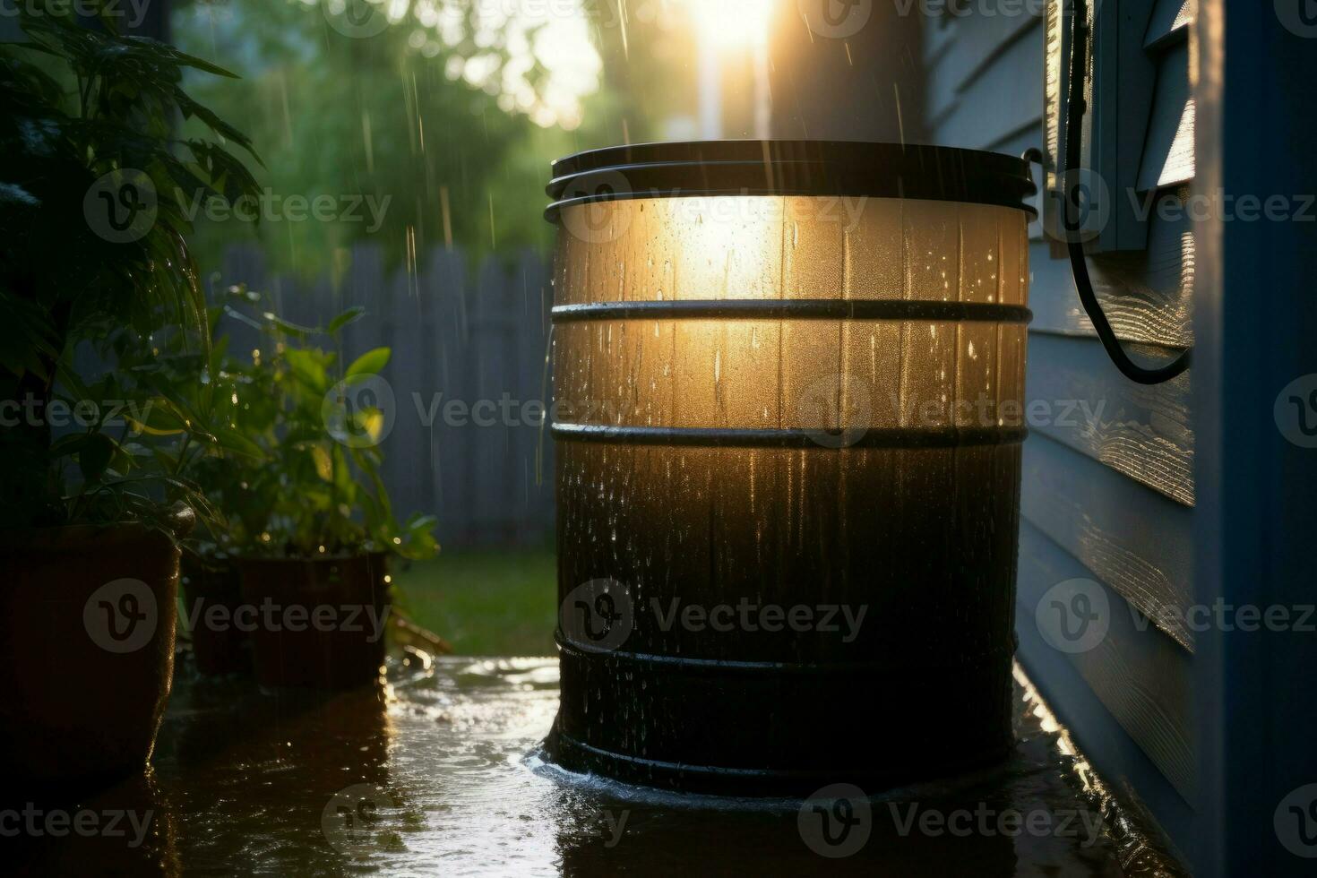 Brown rain barrel glowing near the house. Generate ai photo