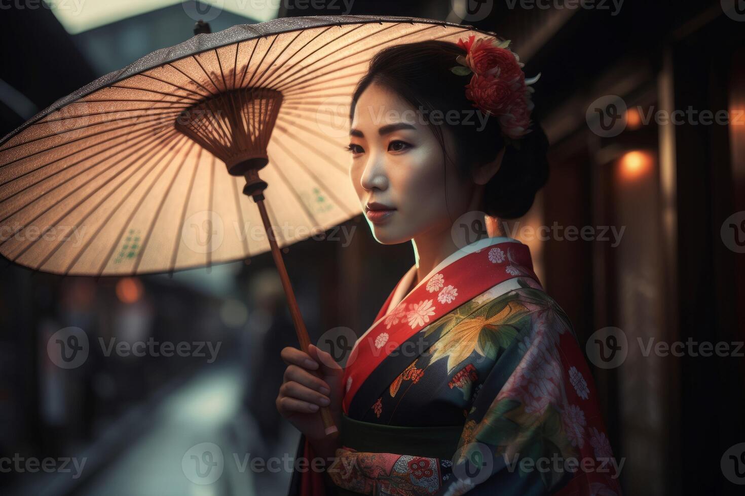 japonés mujer en tradicional kimono con sombrilla. generar ai foto