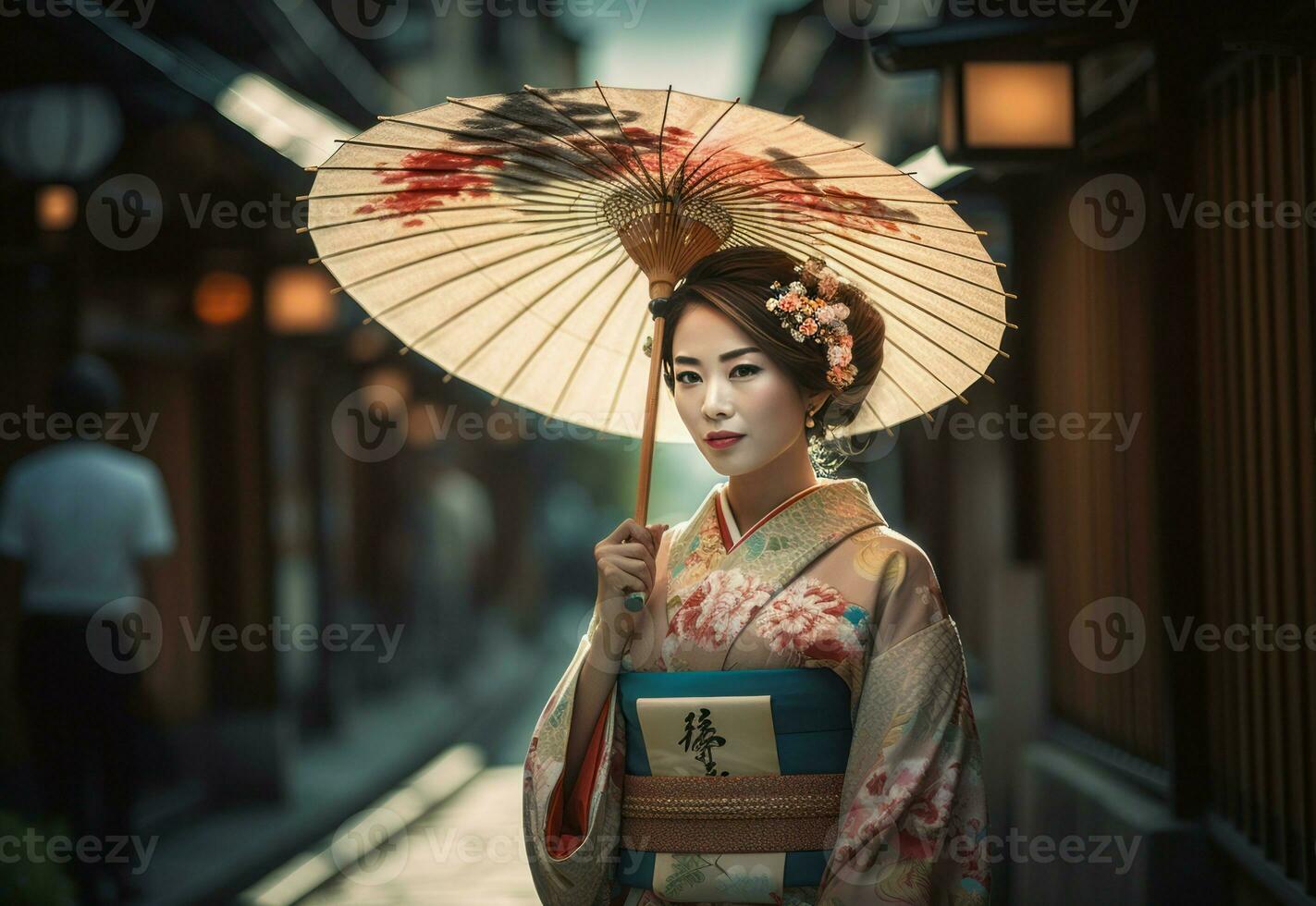 japonés mujer en kimono con sombrilla. generar ai foto