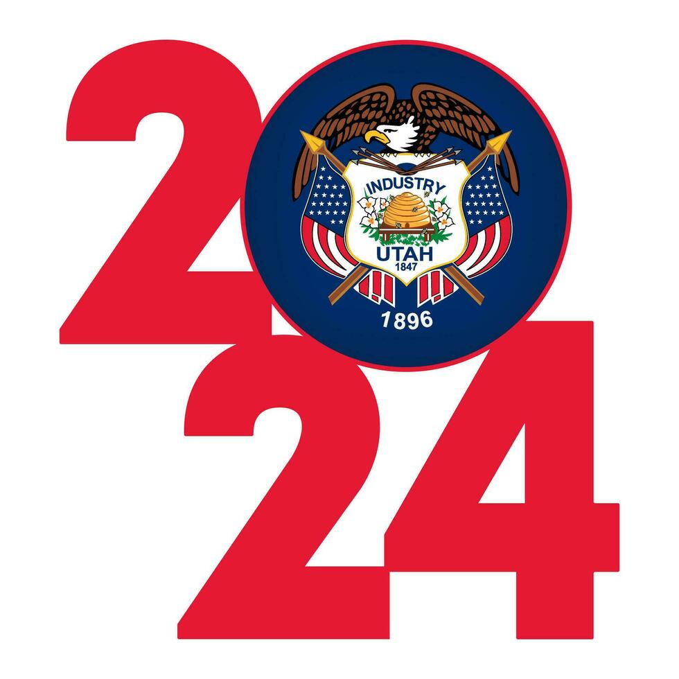 2024 banner with Utah state flag inside. Vector illustration.