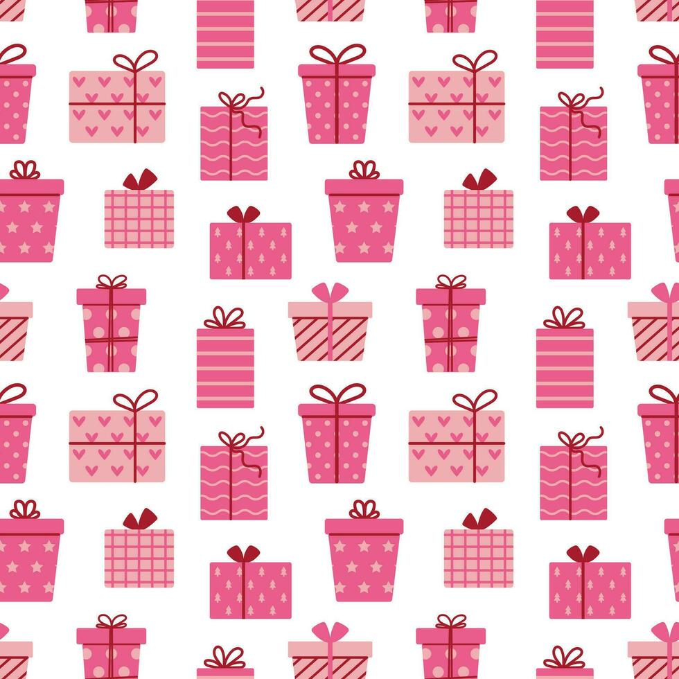 Vector Valentines day seamless pattern with gift boxes. Holiday pink presents on white background. Print with Birthday or Valentines day gifts. Wrapping and textile design.